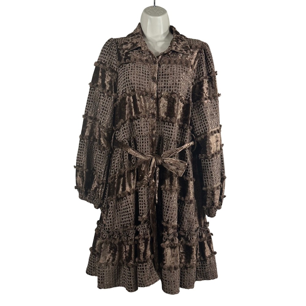 Impressions Brown Velvet‎ Crochet Button Front Mini Dress Womens Large Boho